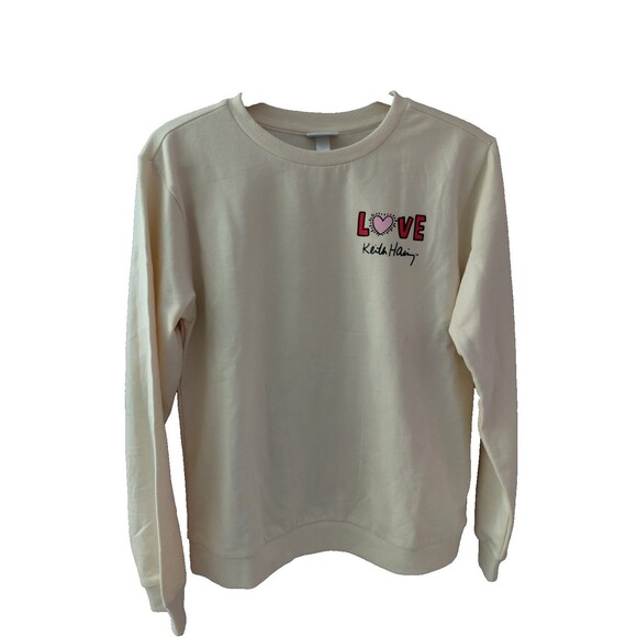 Keith Haring Lightweight Sweatshirt Beige Unisex Size XS Big Heart Super Soft - Picture 1 of 9
